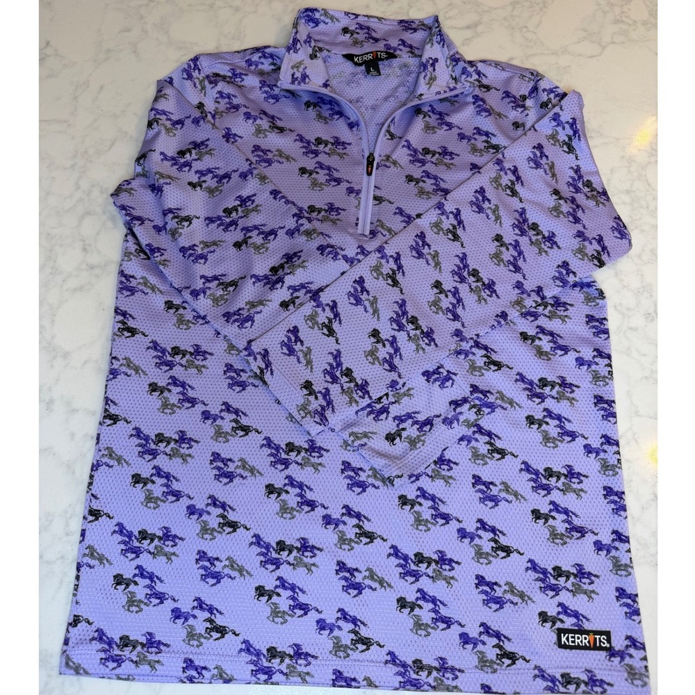 Kerrits Kids Ice Fil Long Sleeve Riding Top Purple Horse Print Quarter Zip Large
